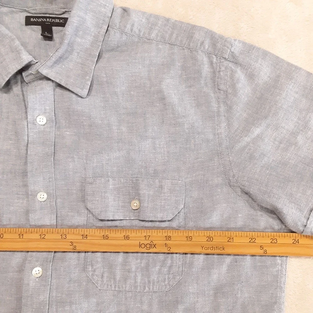 Banana Republic Mens SS Linen Cotton Button Shirt Large Solid Blue Chambray